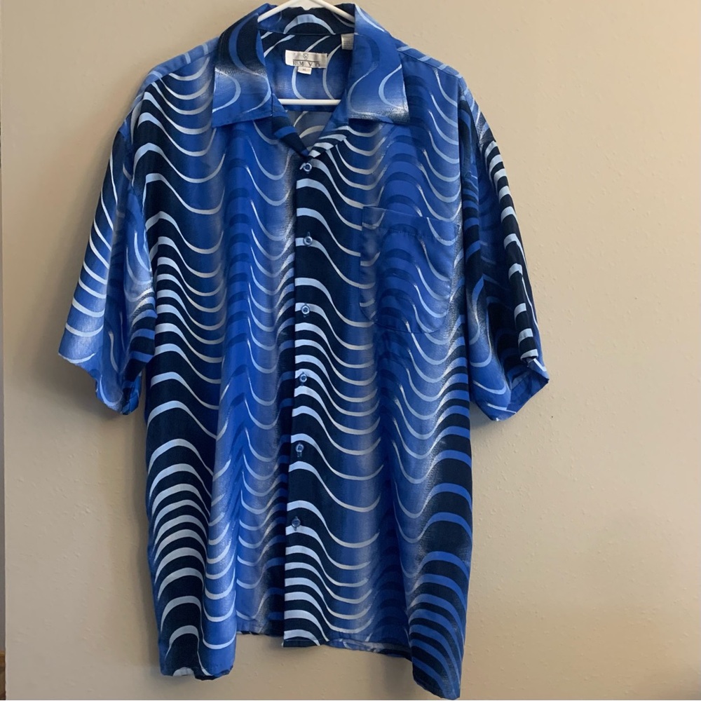 Emvo Mens Blue Wave Pattern Bold Print Button-Up Short Sleeve Shirt Size XL